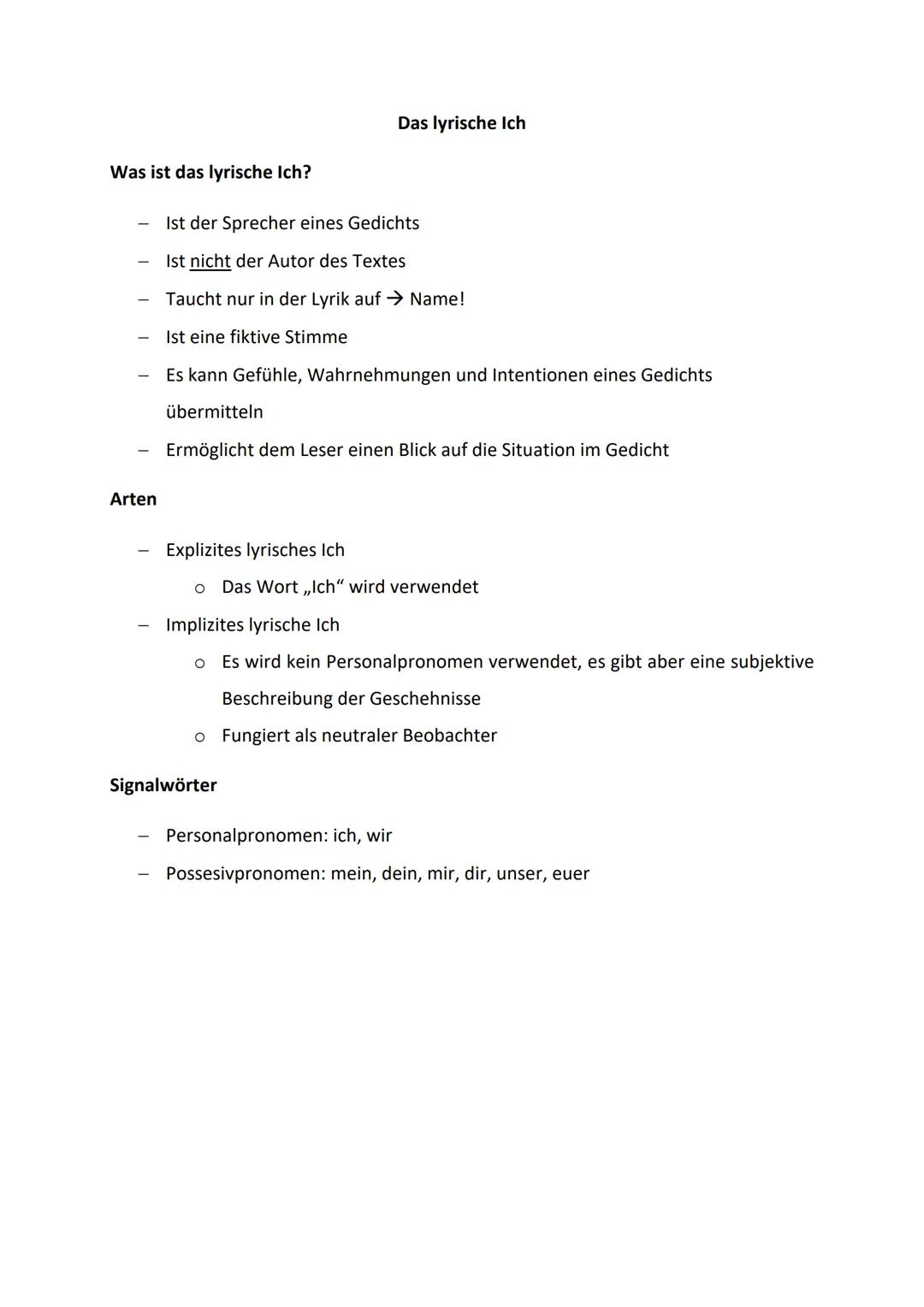 Das lyrische Ich

Was ist das lyrische Ich?

- Ist der Sprecher eines Gedichts
- Ist *nicht* der Autor des Textes
- Taucht nur in der Lyrik 