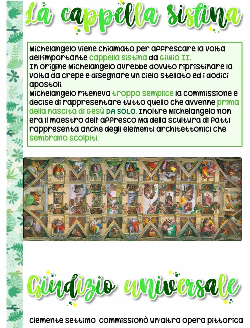 Michelangels
Nasce a caprese e si trasferisce
a Firenze nella Bottega del
verrocchio. Lui capisce fin da
subito che la sua forma d'arte è
la