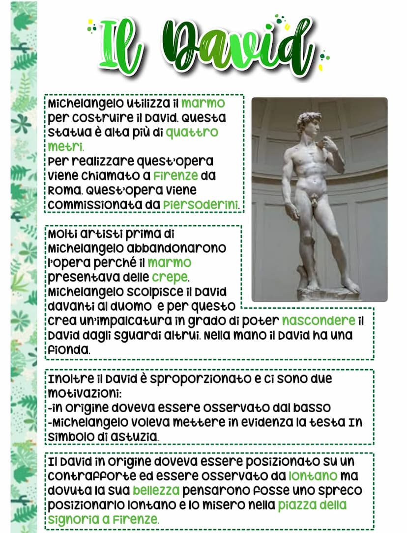 Michelangels
Nasce a caprese e si trasferisce
a Firenze nella Bottega del
verrocchio. Lui capisce fin da
subito che la sua forma d'arte è
la