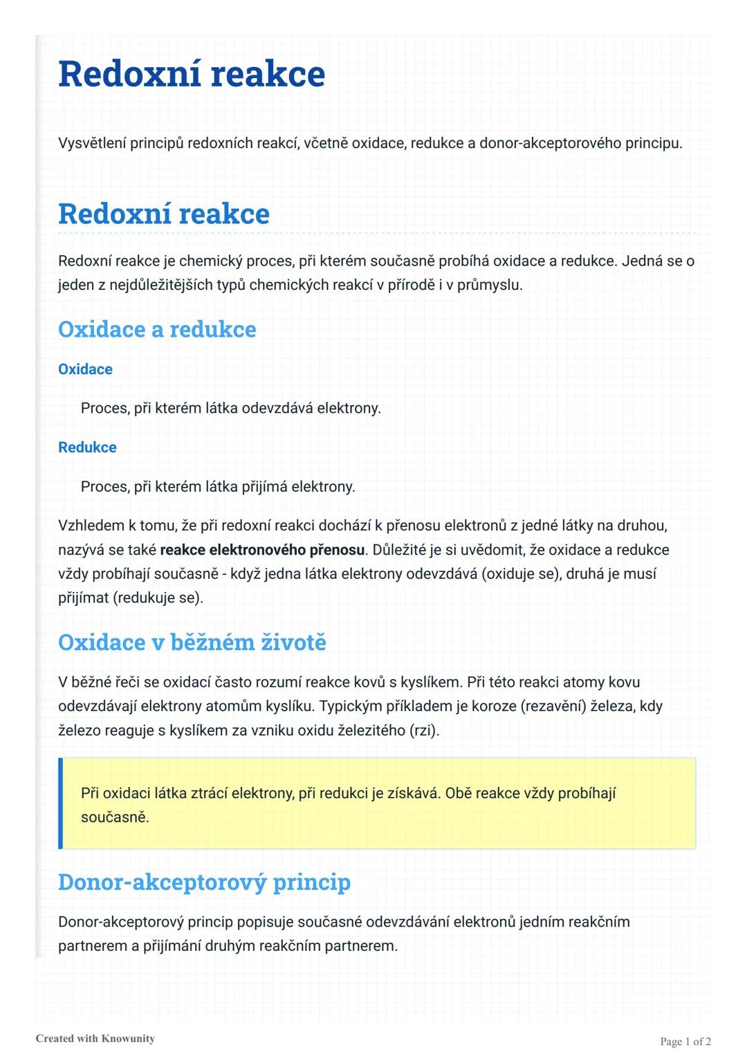 Redoxní reakce
Vysvětlení principů redoxních reakcí, včetně oxidace, redukce a donor-akceptorového principu.
Redoxní reakce
Redoxní reakce j