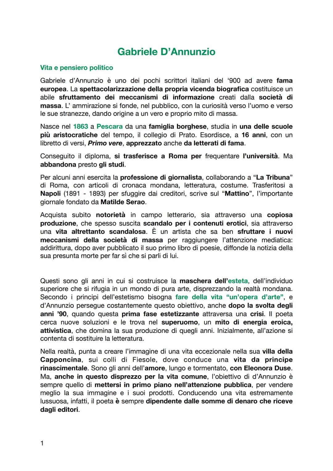 Gabriele D'Annunzio
Vita e pensiero politico
Gabriele d'Annunzio è uno dei pochi scrittori italiani del '900 ad avere fama
europea. La spett