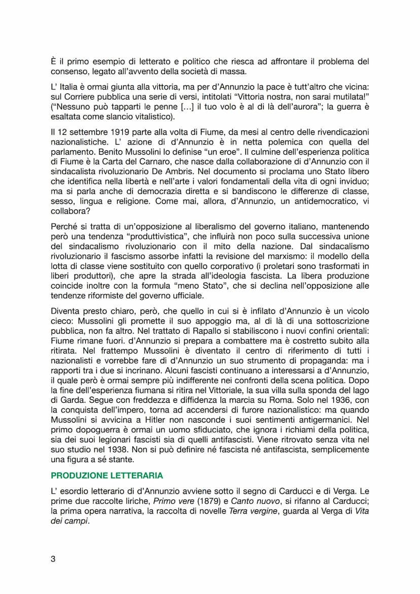 Gabriele D'Annunzio
Vita e pensiero politico
Gabriele d'Annunzio è uno dei pochi scrittori italiani del '900 ad avere fama
europea. La spett