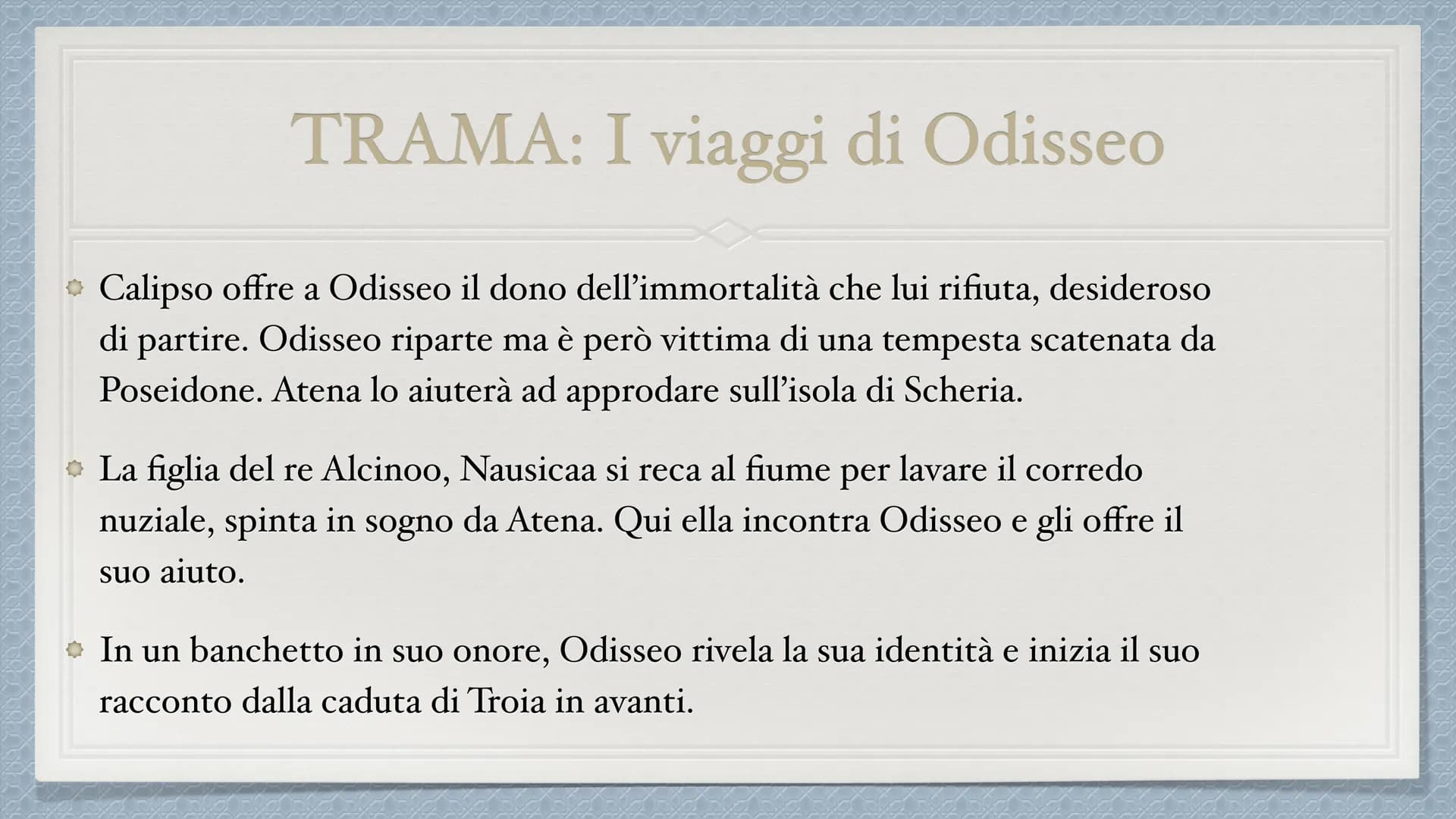 Odissea INTRODUZIONE
• L'Odissea é un poema epico scritto dal
greco Omero.
* Questo poema narra del lungo viaggio di ritorno compiuto
dall'e