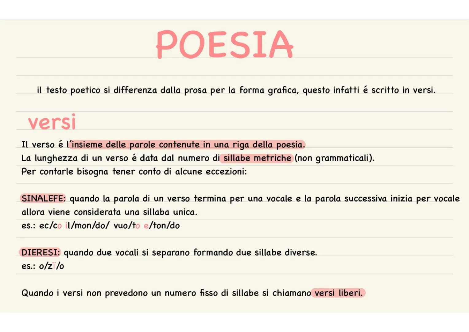 POESIA
il testo poetico si differenza dalla prosa per la forma grafica, questo infatti é scritto in versi.
versi
Il verso é l'insieme delle 