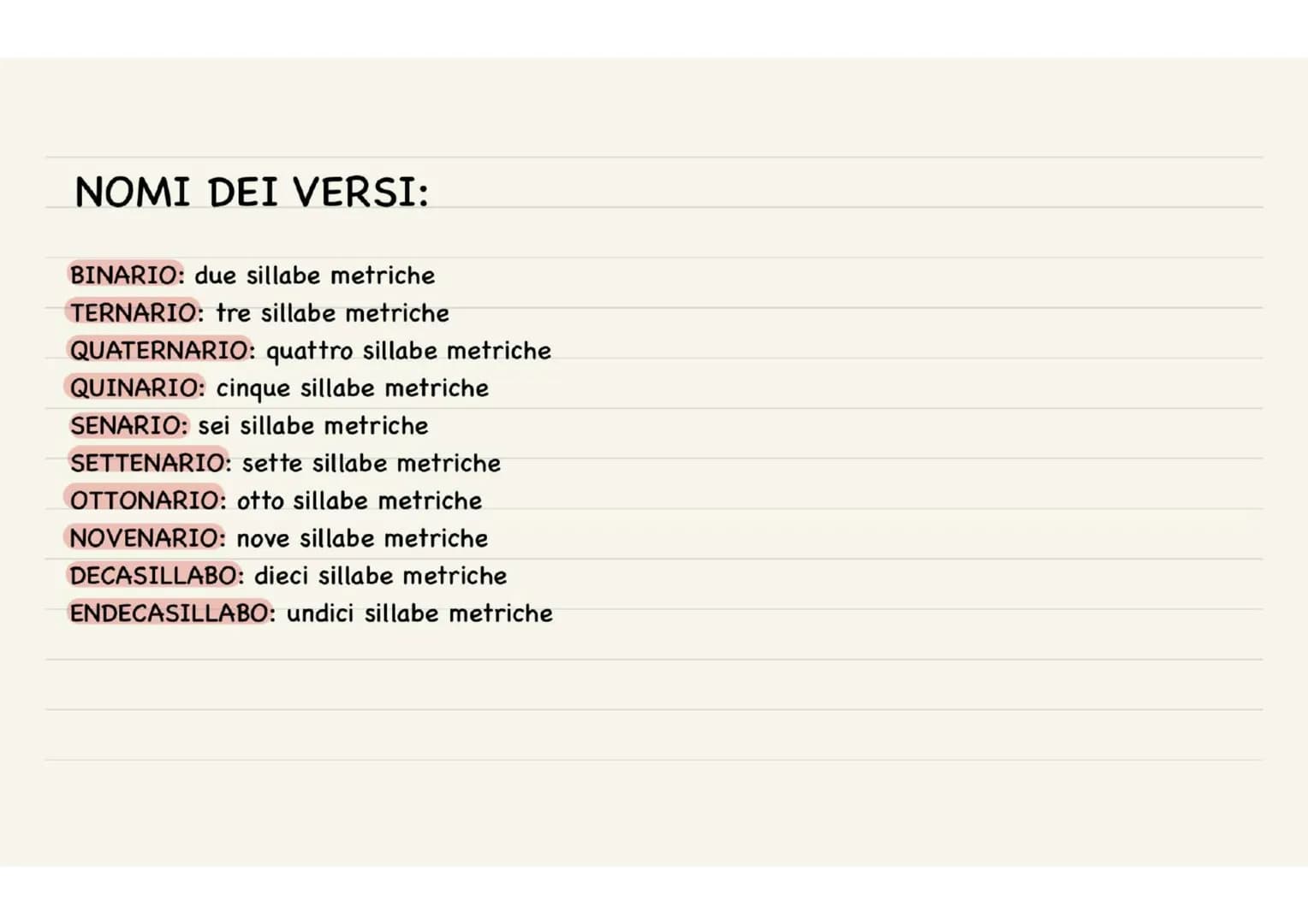 POESIA
il testo poetico si differenza dalla prosa per la forma grafica, questo infatti é scritto in versi.
versi
Il verso é l'insieme delle 