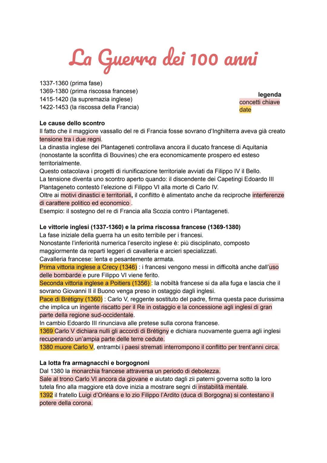 # La Guerra dei 100 anni

1337-1360 (prima fase)

1369-1380 (prima riscossa francese)

1415-1420 (la supremazia inglese)

1422-1453 (la risc