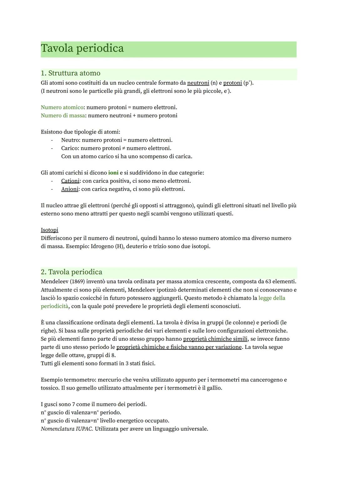Tavola periodica
1. Struttura atomo
Gli atomi sono costituiti da un nucleo centrale formato da neutroni (n) e protoni (p¹).
(I neutroni sono