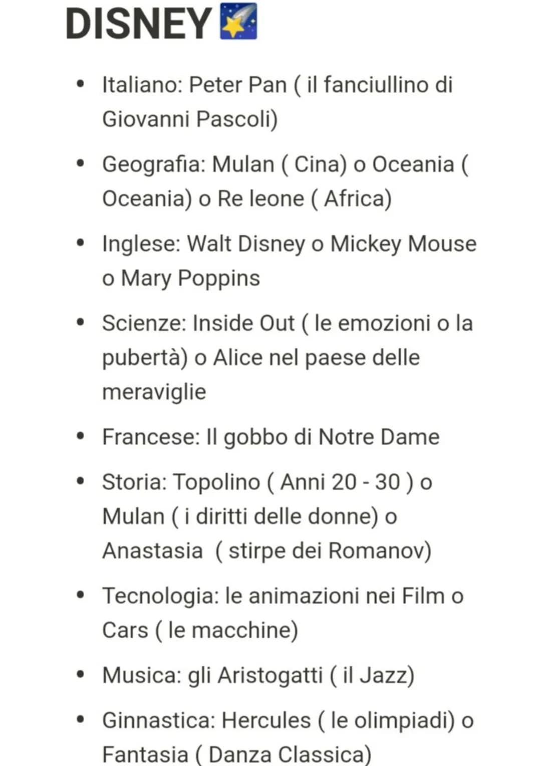 DISNEY
• Italiano: Peter Pan (il fanciullino di
Giovanni Pascoli)
●
• Geografia: Mulan (Cina) o Oceania (
Oceania) o Re leone (Africa)
• Ing