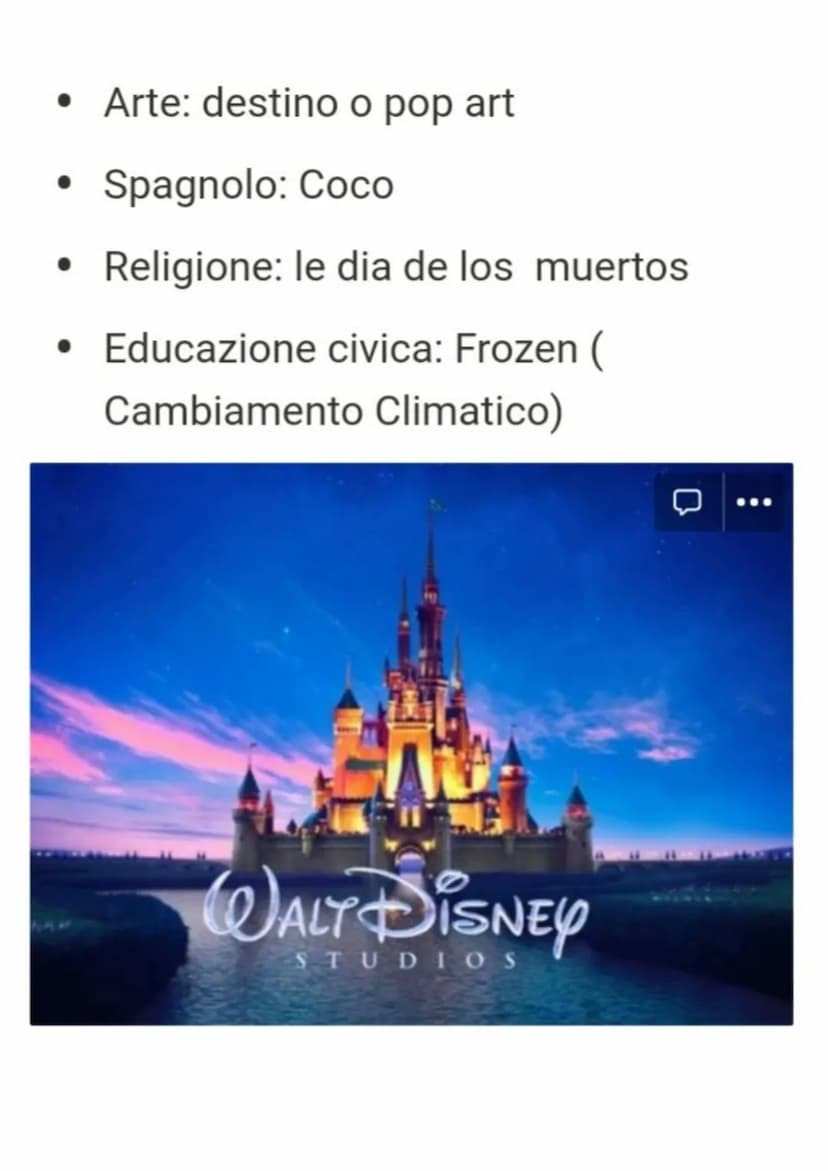 DISNEY
• Italiano: Peter Pan (il fanciullino di
Giovanni Pascoli)
●
• Geografia: Mulan (Cina) o Oceania (
Oceania) o Re leone (Africa)
• Ing