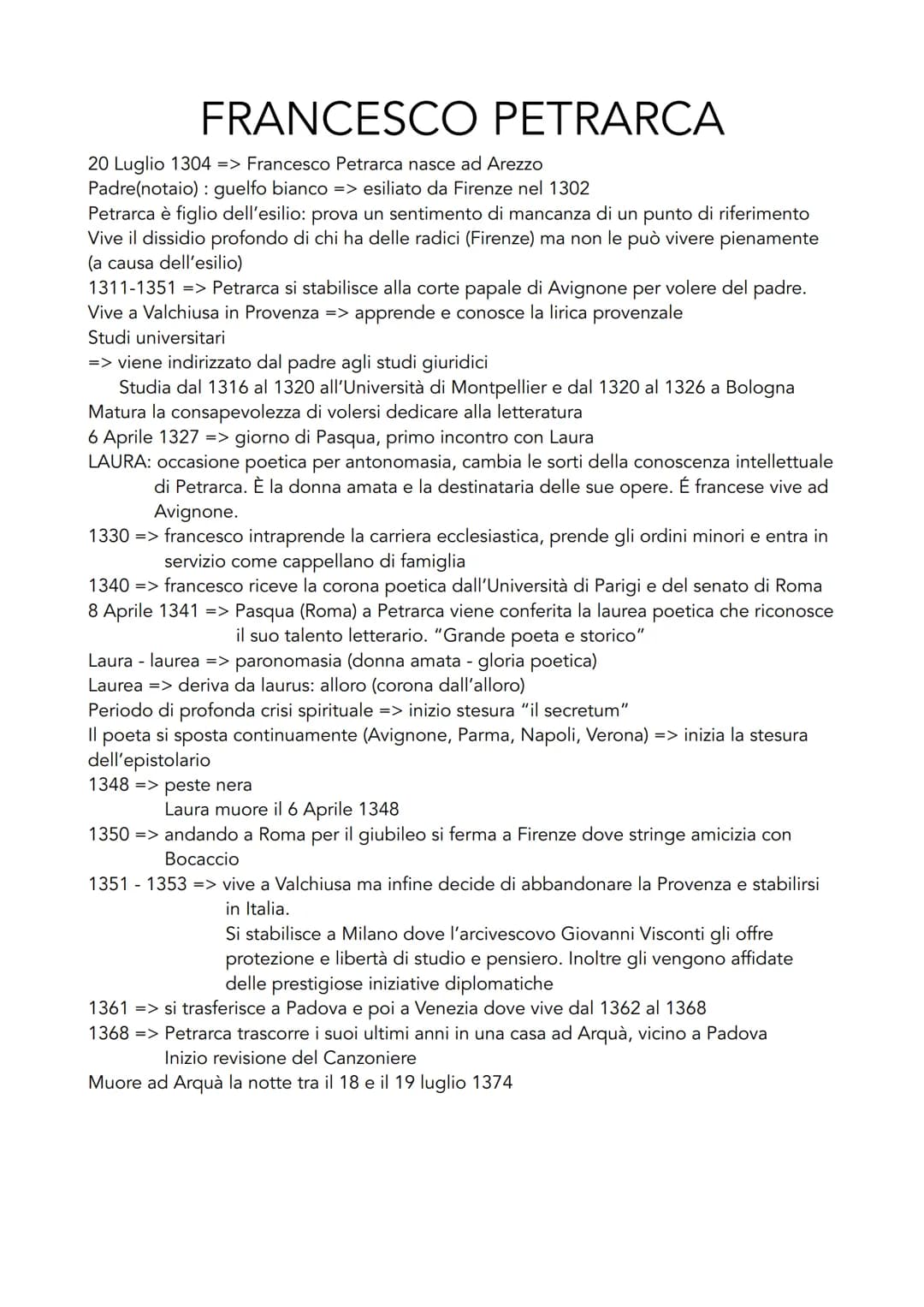 FRANCESCO PETRARCA
20 Luglio 1304 => Francesco Petrarca nasce ad Arezzo
Padre(notaio): guelfo bianco => esiliato da Firenze nel 1302
Petrarc