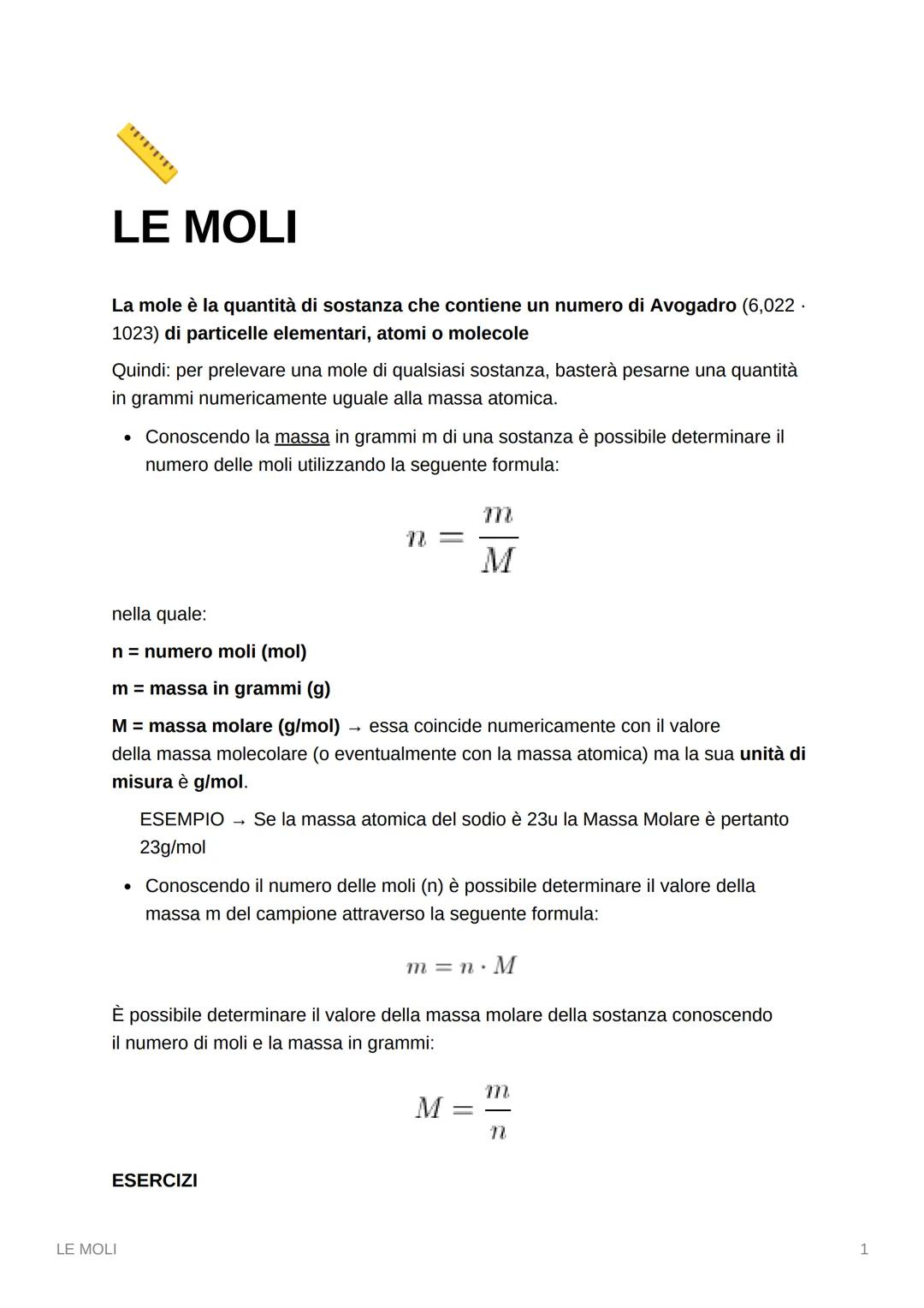 ******
LE MOLI
La mole è la quantità di sostanza che contiene un numero di Avogadro (6,022.
1023) di particelle elementari, atomi o molecole