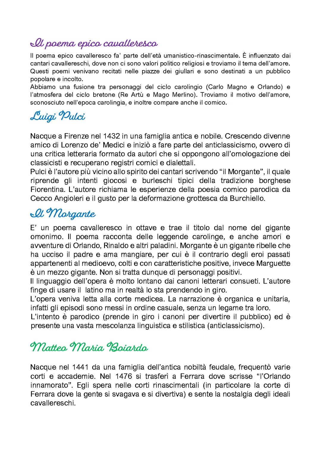 Poema epico cavalleresco,Pulci,Boiardo,Ariosto
