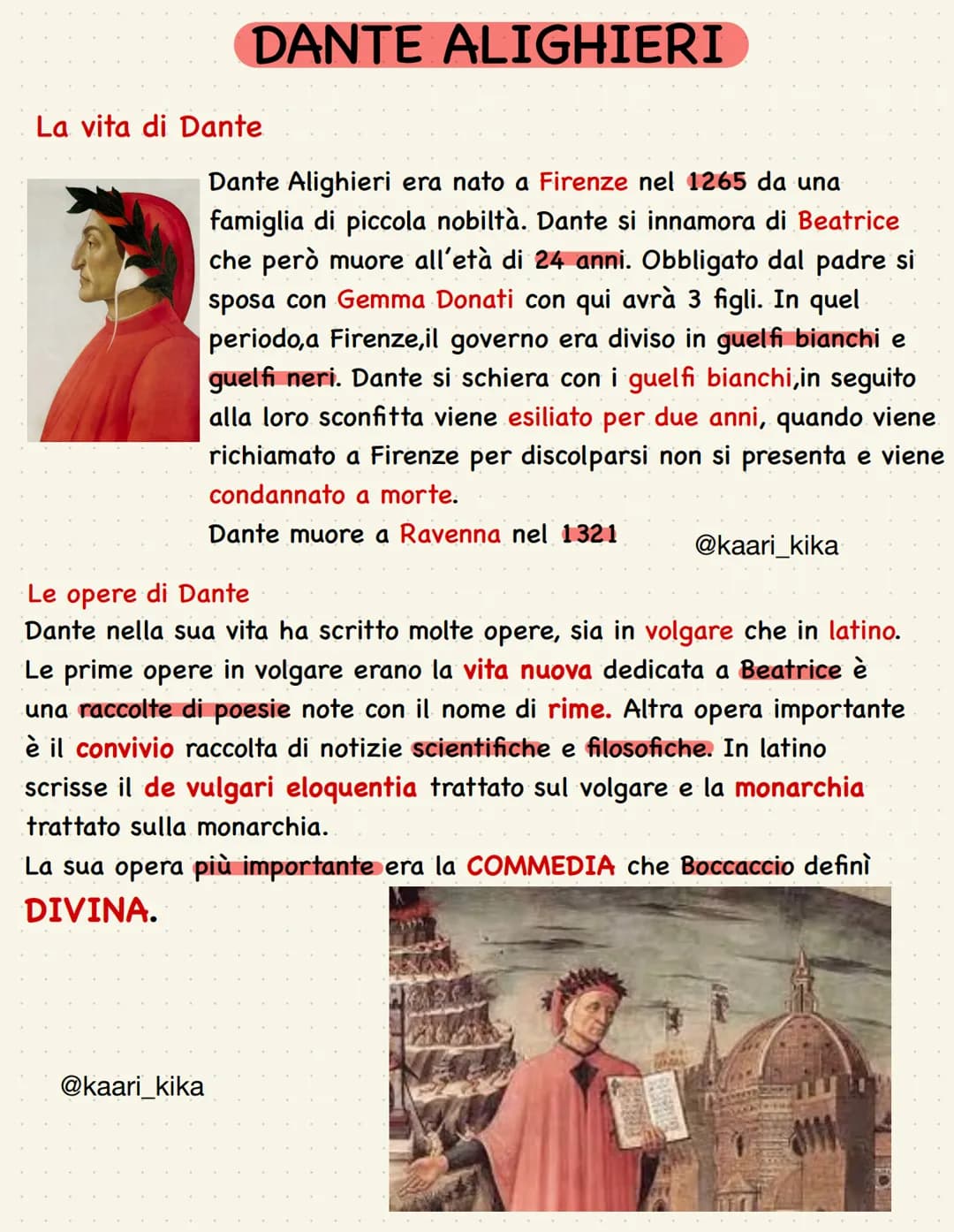 DANTE ALIGHIERI
La vita di Dante
Dante Alighieri era nato a Firenze nel 1265 da una
famiglia piccola nobiltà. Dante si innamora di Beatrice
