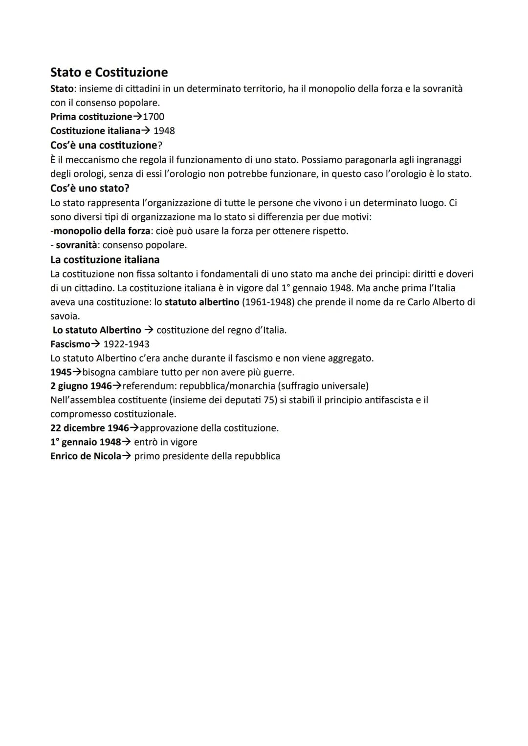 Stato e Costituzione
Stato: insieme di cittadini in un determinato territorio, ha il monopolio della forza e la sovranità
con il consenso po