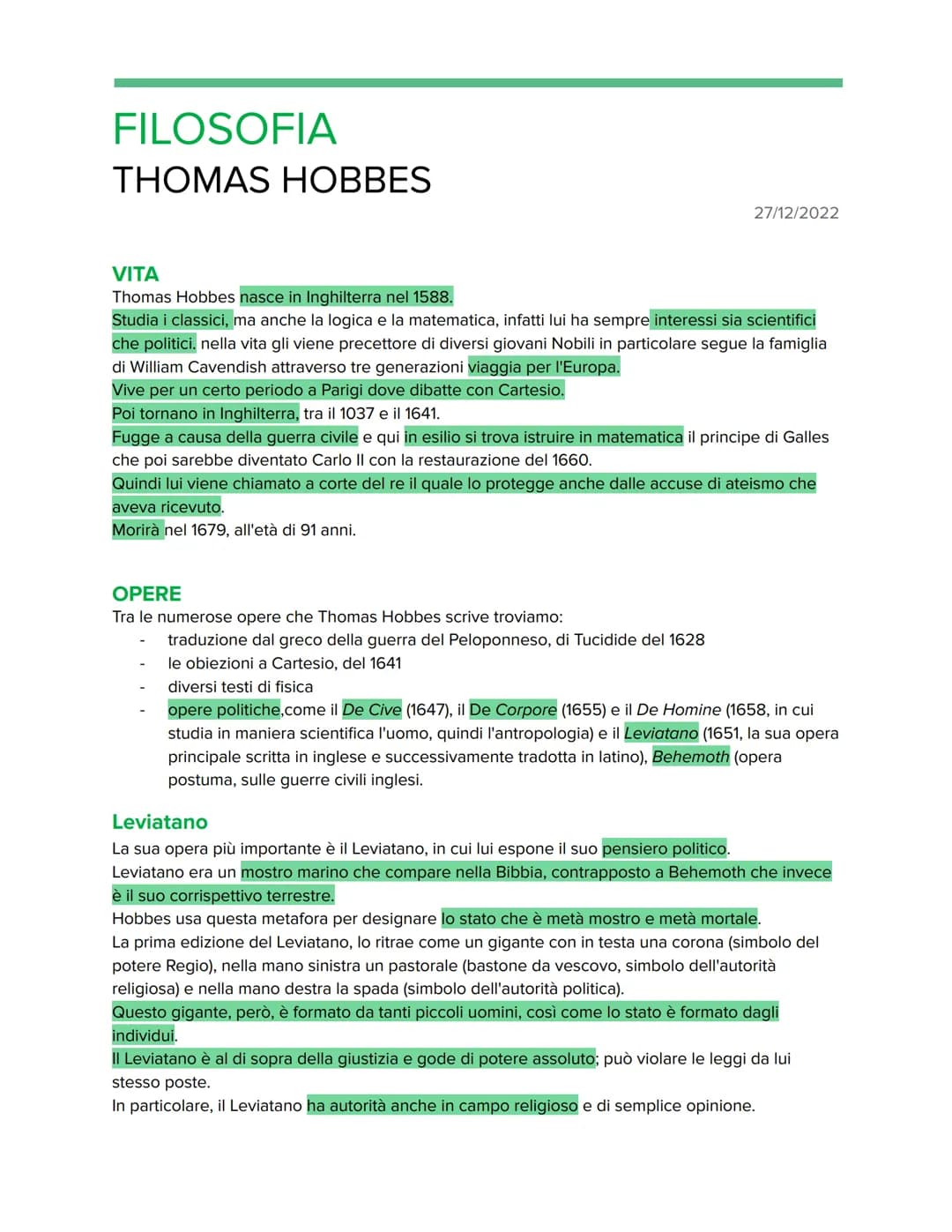 FILOSOFIA
THOMAS HOBBES
27/12/2022
VITA
Thomas Hobbes nasce in Inghilterra nel 1588.
Studia i classici, ma anche la logica e la matematica, 