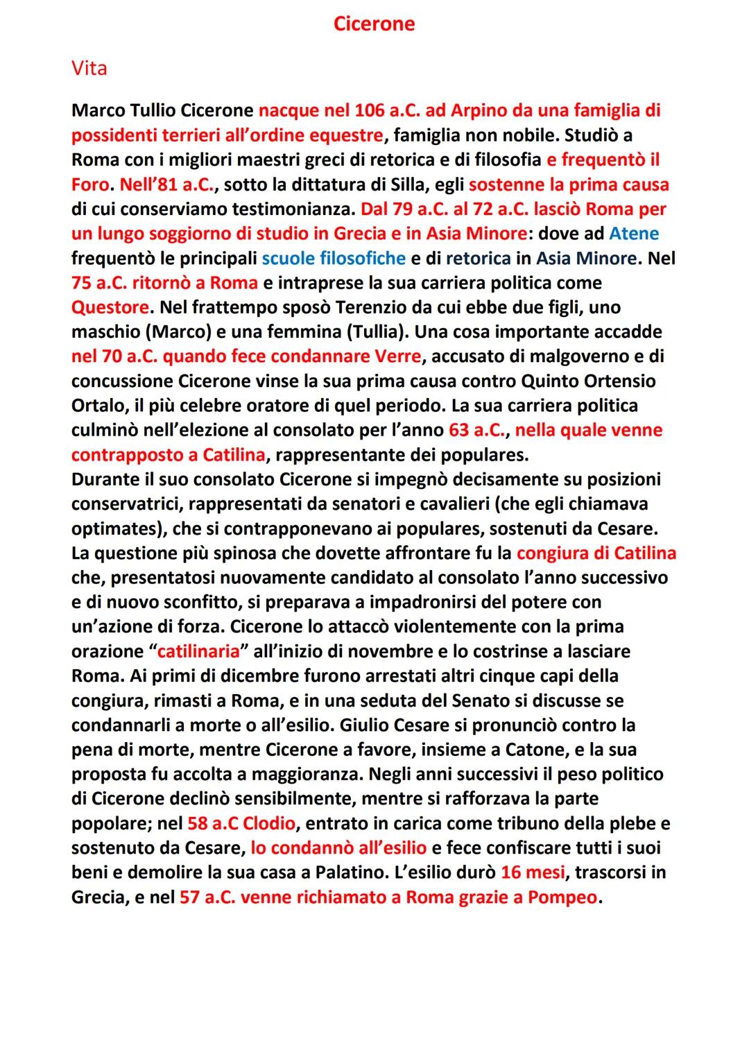 # Cicerone

Vita

Marco Tullio Cicerone nacque nel 106 a.C. ad Arpino da una famiglia di
possidenti terrieri all'ordine equestre, famiglia n