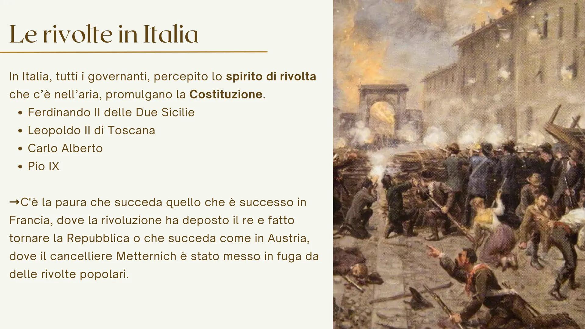 LE GUERRE
D'INDIPENDENZA
Dai moti del Quarantotto all'annessione del Veneto Le rivolte in Italia
In Italia, tutti i governanti, percepito lo