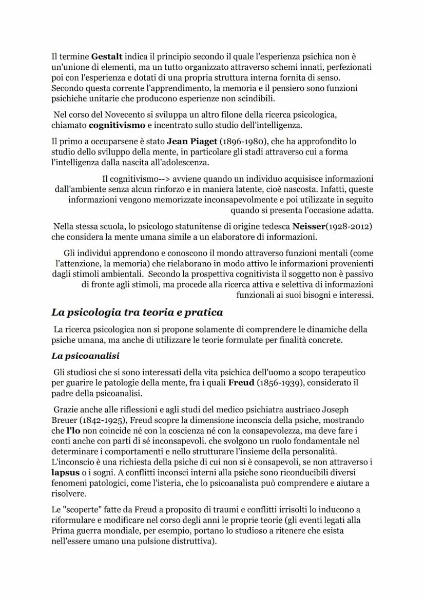 Psicologia
Scienza sperimentale che si propone di comprendere e spiegare la natura e il
funzionamento dei processi della mente e del comport
