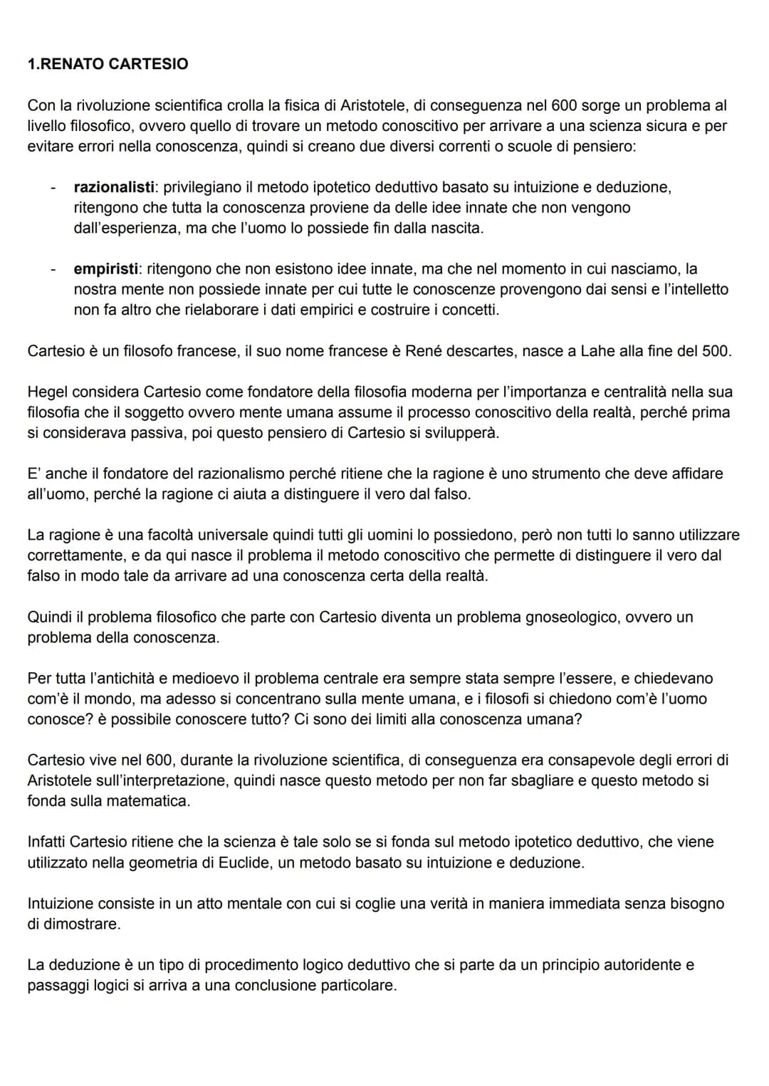 1.RENATO CARTESIO
Con la rivoluzione scientifica crolla la fisica di Aristotele, di conseguenza nel 600 sorge un problema al
livello filosof
