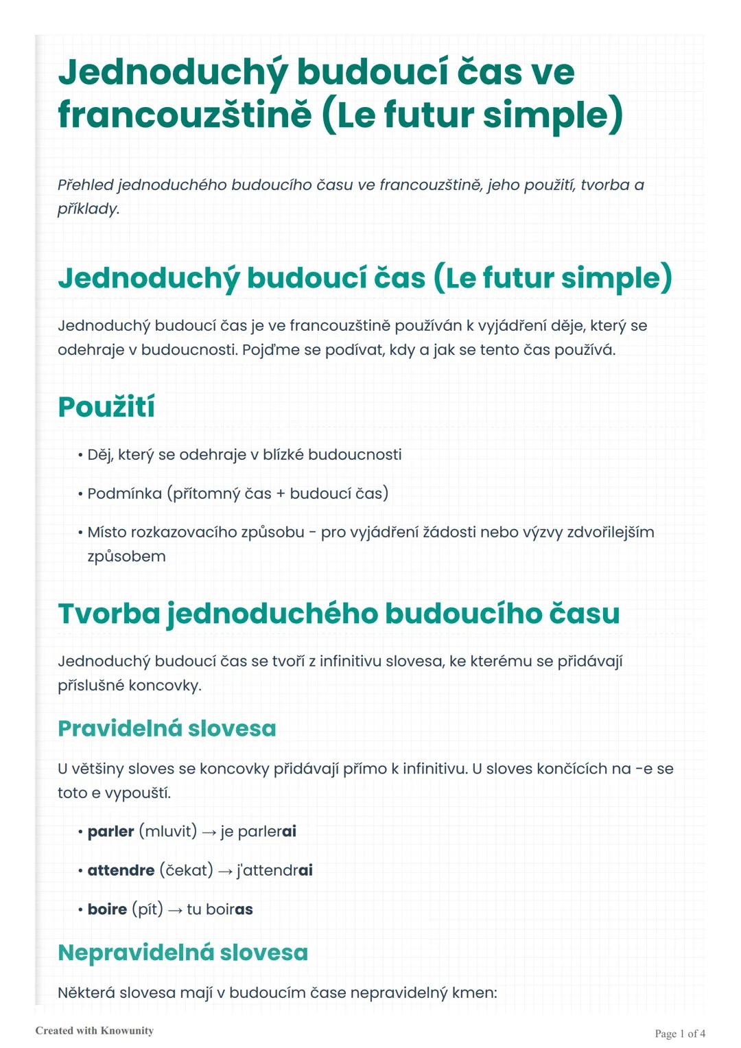 # Jednoduchý budoucí čas ve
francouzštině (Le futur simple)

Přehled jednoduchého budoucího času ve francouzštině, jeho použití, tvorba a
př