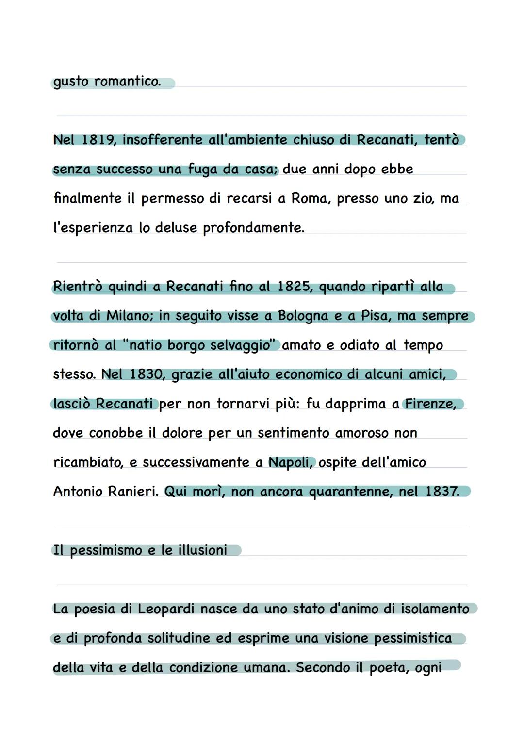 # Giacomo Leopardi

La vita

Giacomo Leopardi nacque nel 1798 a Recanati, nelle Marche,
da una famiglia nobile ma economicamente decaduta. L