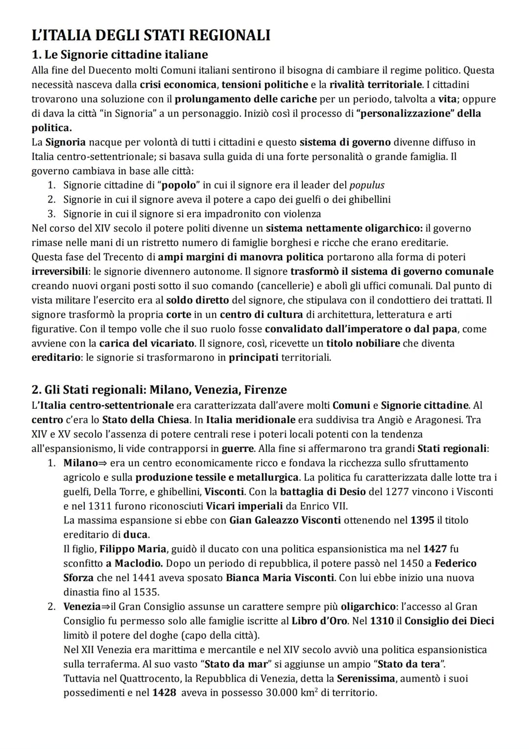 L'ITALIA DEGLI STATI REGIONALI
1. Le Signorie cittadine italiane
Alla fine del Duecento molti Comuni italiani sentirono il bisogna di cambia