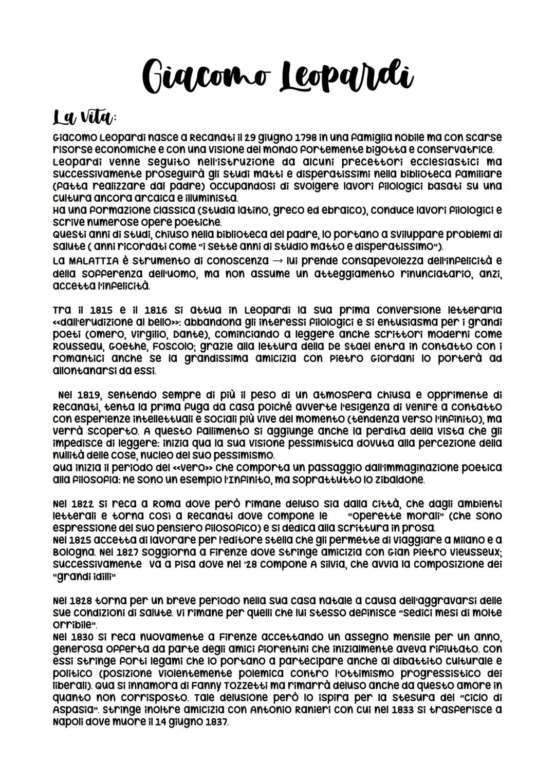 Giacomo Leopardi
La vita:
Giacomo Leopardi nasce a Recanati il 29 giugno 1798 in una famiglia nobile ma con scarse
risorse economiche e con 