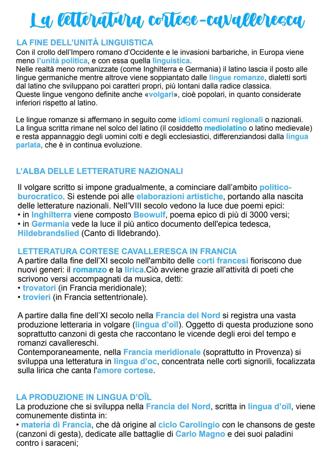La letteratura cortese-cavalleresca
LA FINE DELL'UNITÀ LINGUISTICA
Con il crollo dell'Impero romano d'Occidente e le invasioni barbariche, i