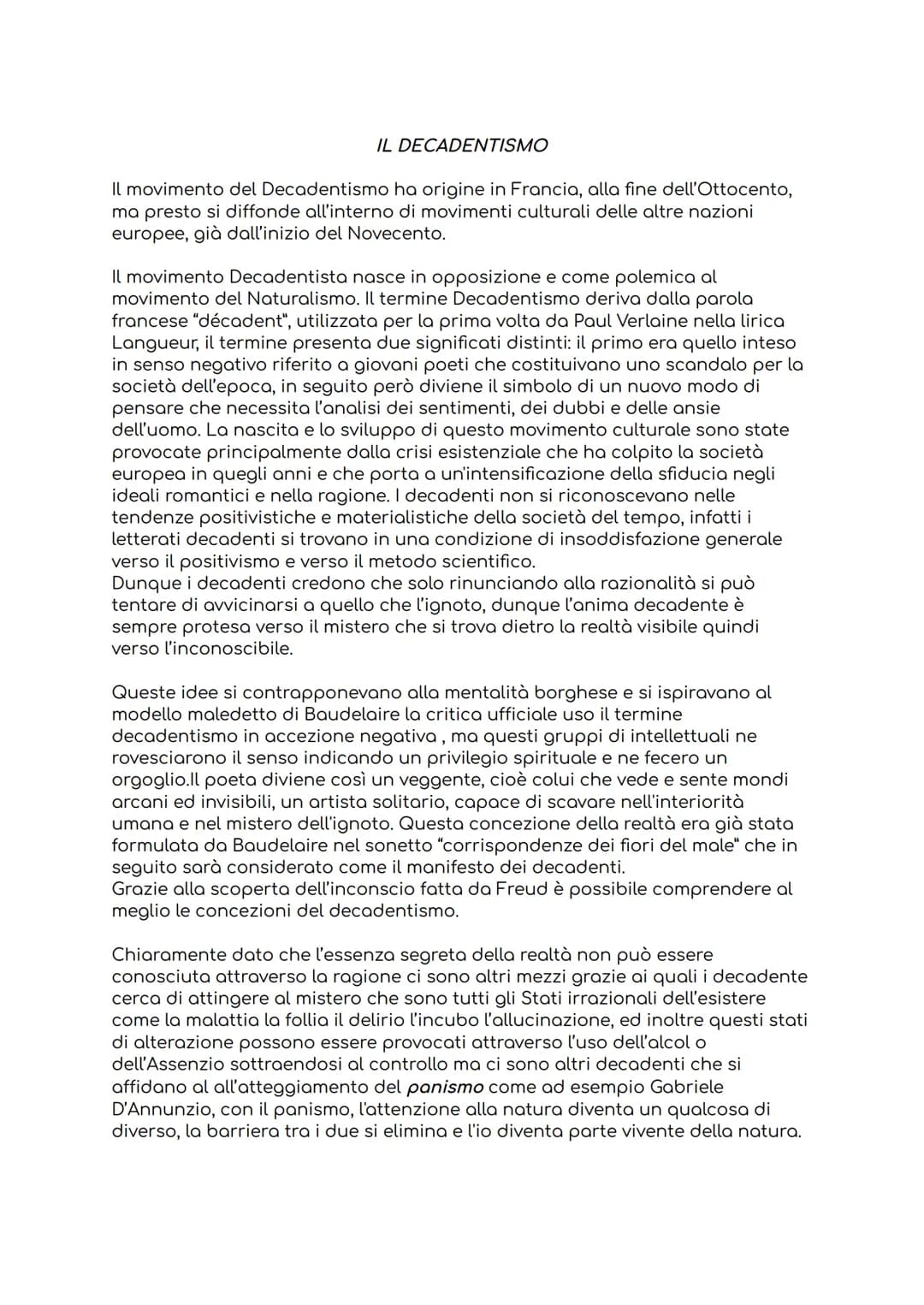 
<p>Il movimento del Decadentismo ha origine in Francia, alla fine dell'Ottocento, ma presto si diffonde all'interno di movimenti culturali 
