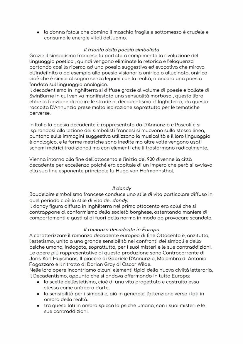 
<p>Il movimento del Decadentismo ha origine in Francia, alla fine dell'Ottocento, ma presto si diffonde all'interno di movimenti culturali 