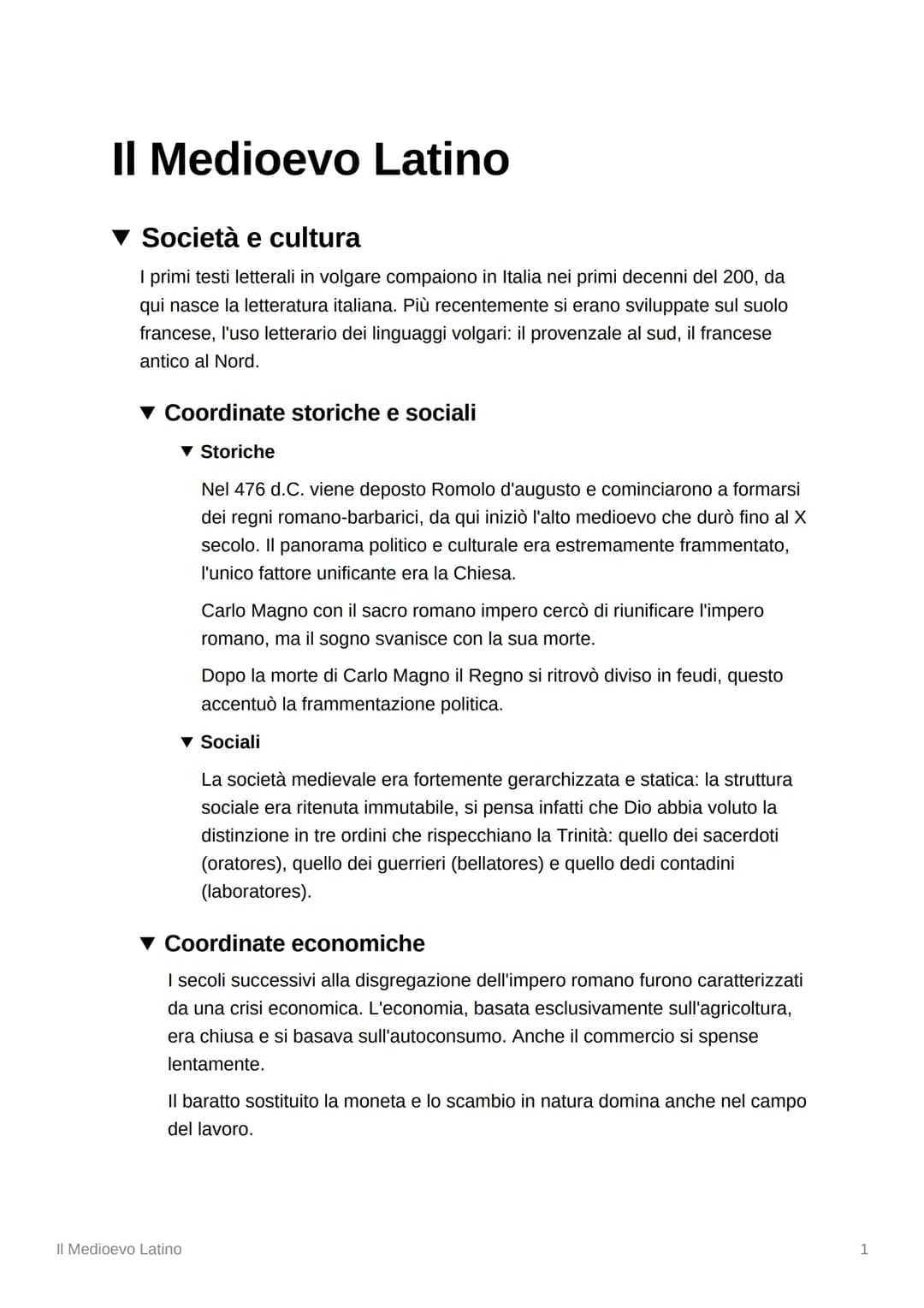 Il Medioevo Latino
▼ Società e cultura
I primi testi letterali in volgare compaiono in Italia nei primi decenni del 200, da
qui nasce la let