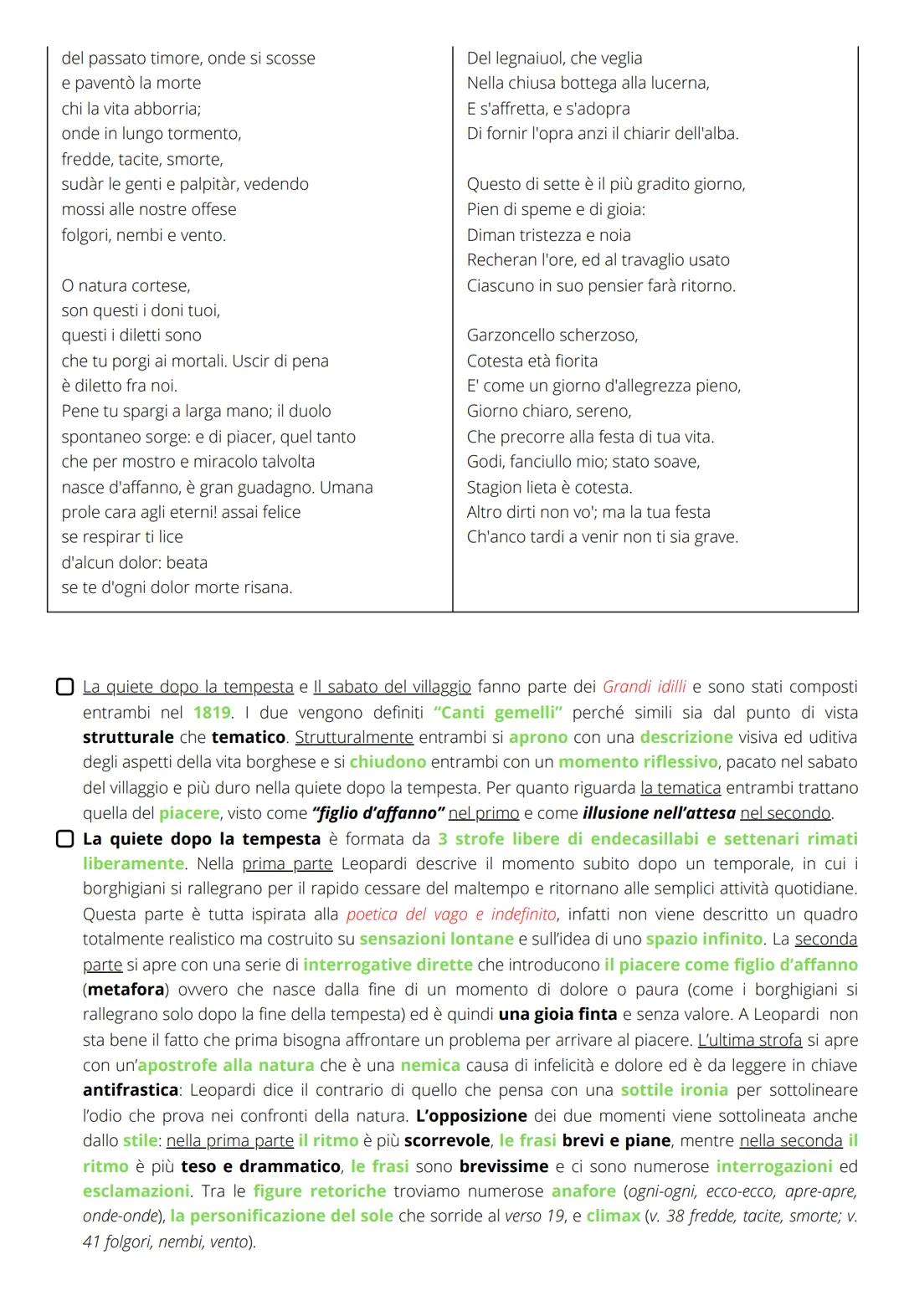 LA QUIETE DOPO LA TEMPESTA
E
IL SABATO DEL VILLAGGIO

LA QUIETE DOPO LA TEMPESTA
Passata è la tempesta:
odo augelli far festa, e la gallina,