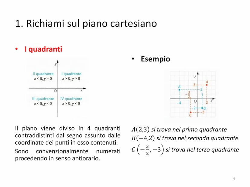 Piano cartesiano e Retta
1 Piano cartesiano e Retta
●
●
●
●
●
●
1. Richiami sul piano cartesiano
2. Richiami sulla distanza tra due punti
3.