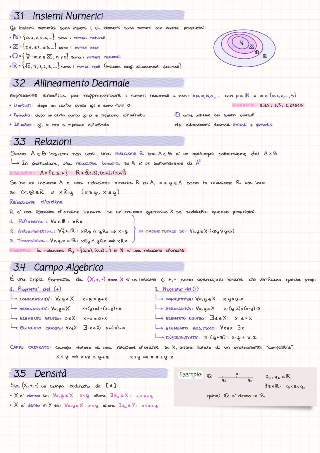 3.1 Insiemi Numerici
Gli insiemi numerici sono insiemi i wi elementi Sono numeri con diverse proprieta:
• N= {0, 1,2,3,4,...) sono i numeri 