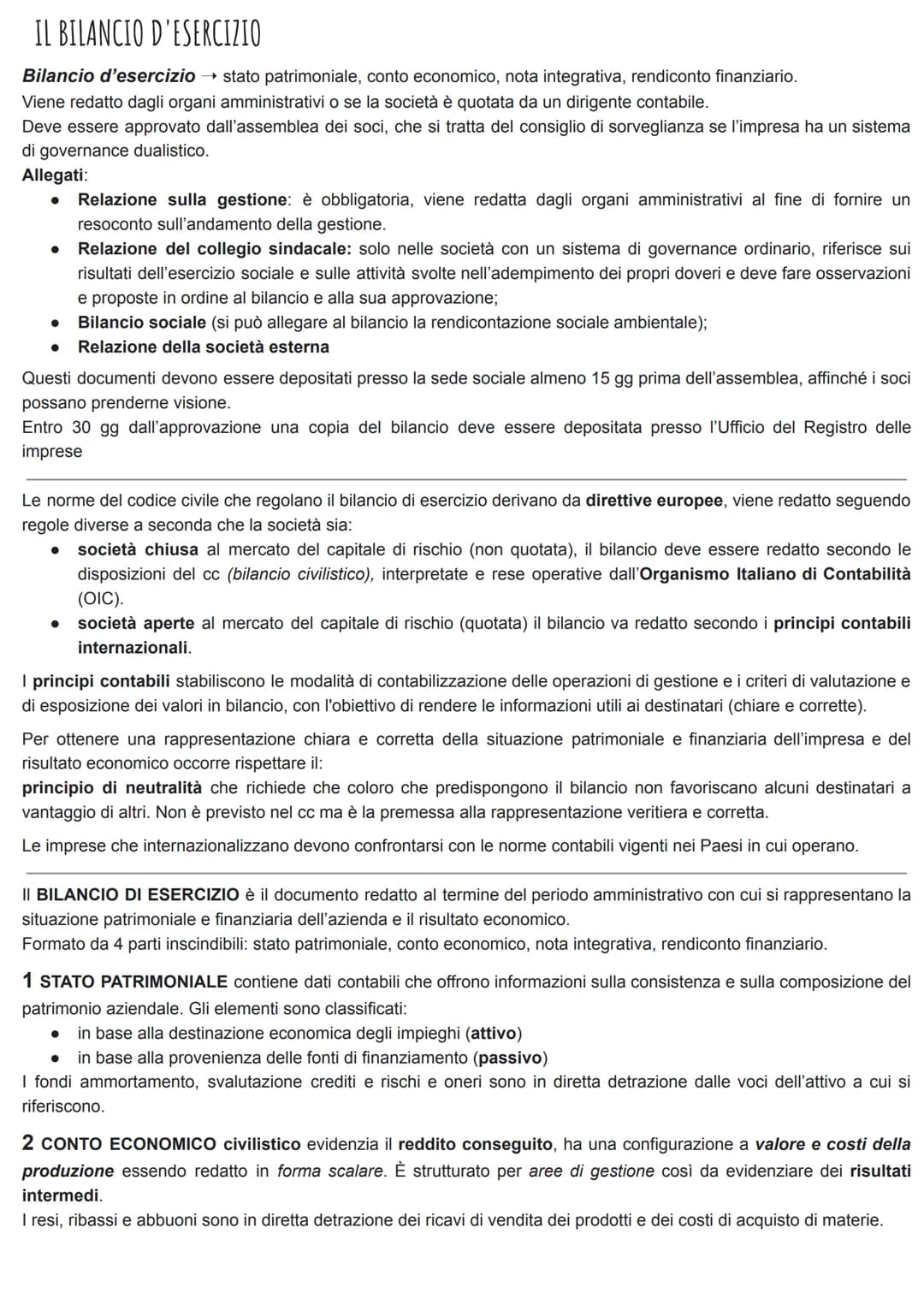 IL BILANCIO D'ESERCIZIO
Bilancio d'esercizio → stato patrimoniale, conto economico, nota integrativa, rendiconto finanziario.
Viene redatto 