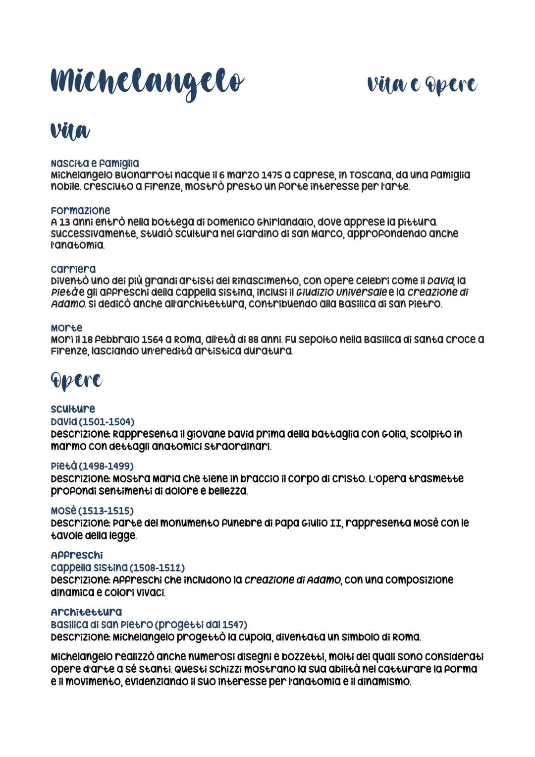 Michelangelo
vita
Nascita e famiglia
vita e opere
Michelangelo Buonarroti nacque il 6 marzo 1475 a caprese, in Toscana, da una famiglia
nobi