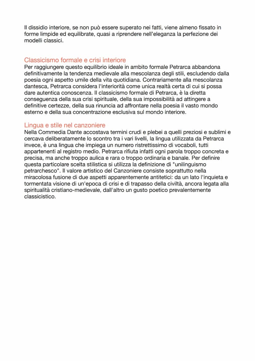 Canzoniere
Il canzoniere Petrarca e il volgare
Petrarca credeva che la sua fama derivasse dalle opere latine, non dal suo
capolavoro. Egli r
