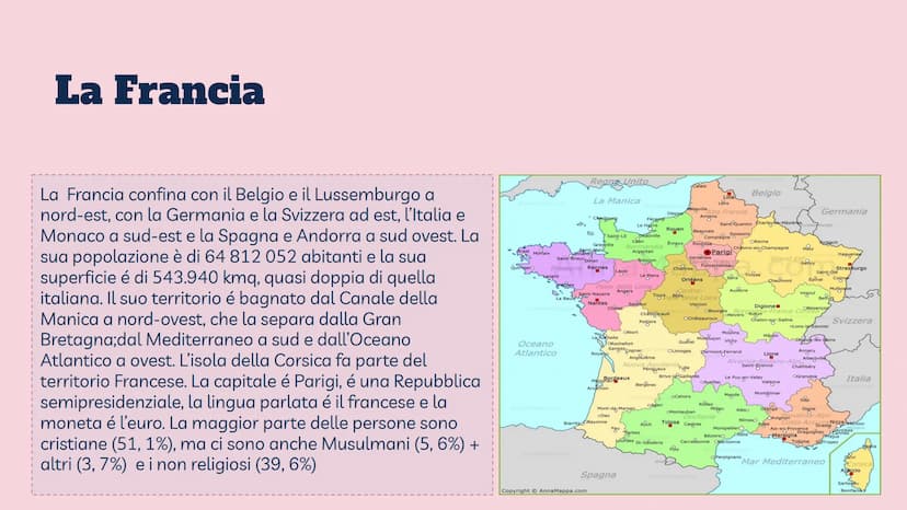 Territorio e
ambiente della
Francia Aspetto fisico della Francia |
Parigi
Superficie
Popolazione 64.812.052 ab.
Moneta
Capitale
543.940 km²
