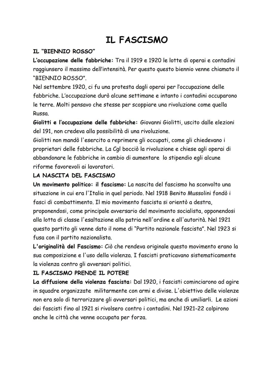 IL FASCISMO
IL "BIENNIO ROSSO"
L'occupazione delle fabbriche: Tra il 1919 e 1920 le lotte di operai e contadini
raggiunsero il massimo dell'