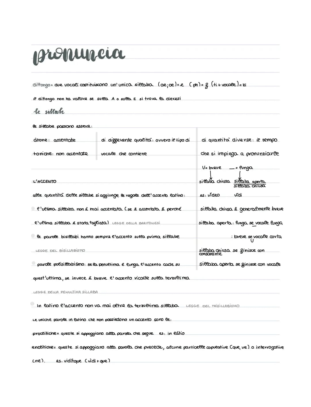 Pronuncia
dittongo = due vocali costituiscono un'unica sillaba (ae; ∞e) = e (ph) = f (ti + vocate ) = zi
if diltongo non ha valore se suela 