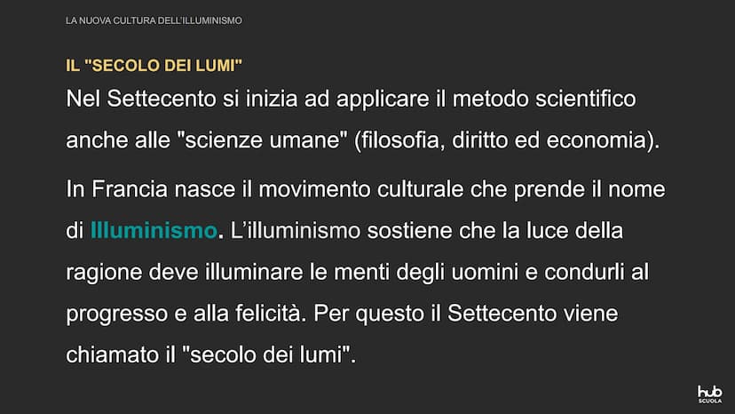 GR
La nuova cultura dell'Illuminismo
hub
SCUOLA LA NUOVA CULTURA DELL'ILLUMINISMO
IL "SECOLO DEI LUMI"
Nel Settecento si inizia ad applicare