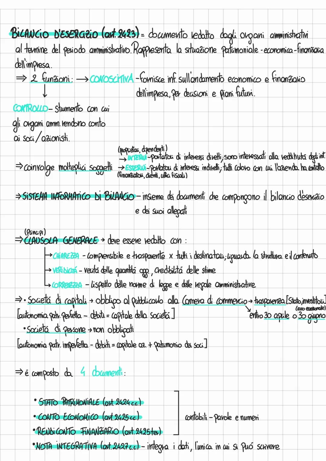 BILANCIO D'ESERCIZIO (art. 2423) = documento redatto dagli organi amministrativi
al termine del periodo amministrativo. Rappresenta la situa