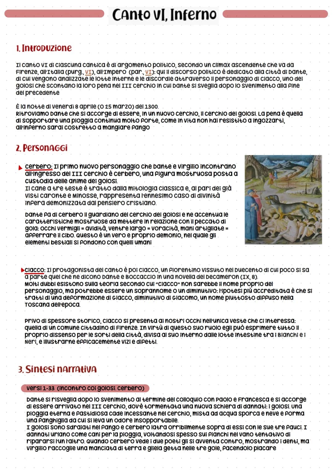 Canto VI, Inferno
1. Introduzione
Il canto VI di ciascuna cantica è di argomento politico, secondo un climax ascendente che va da
Firenze, a