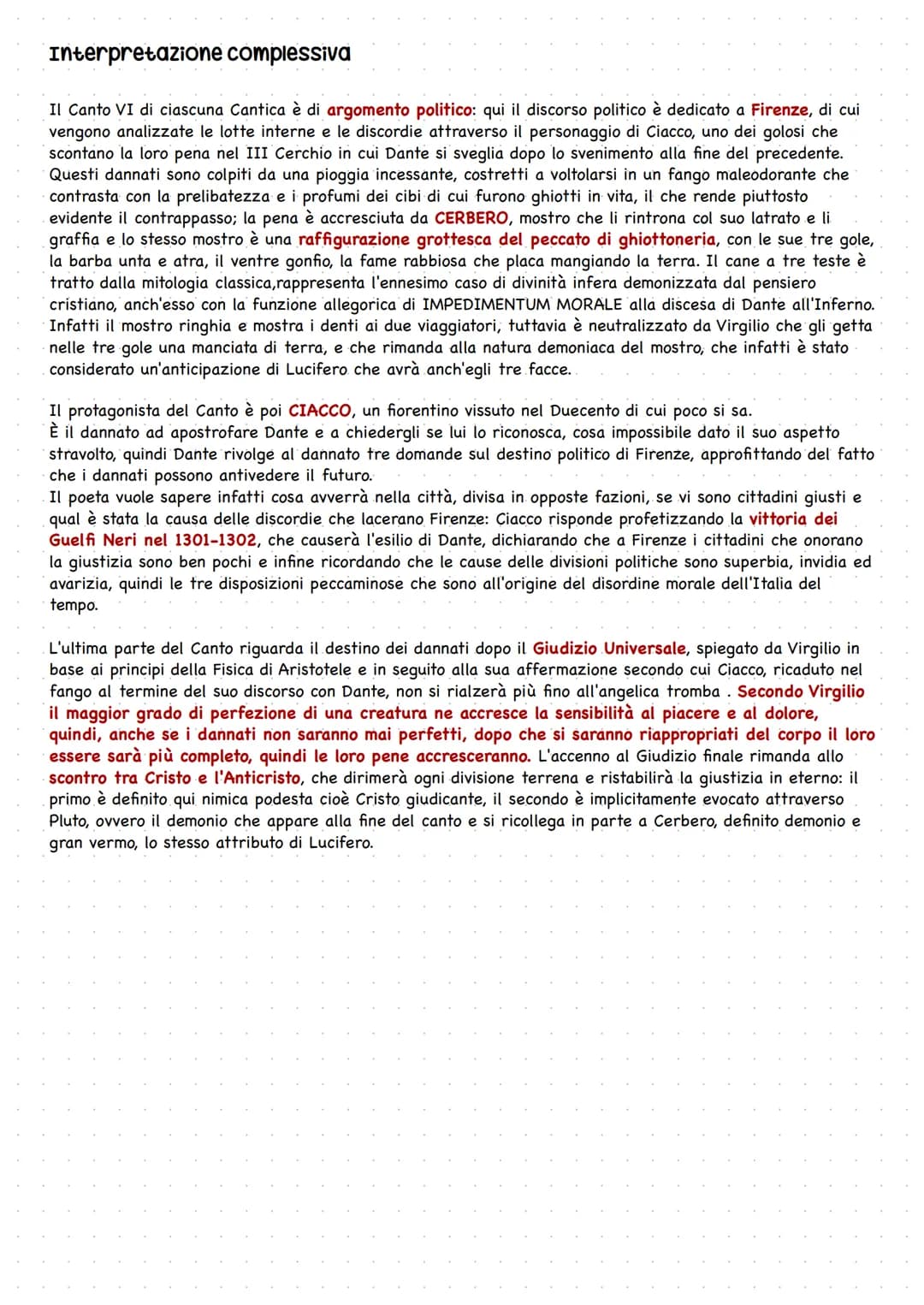 Canto VI, Inferno
1. Introduzione
Il canto VI di ciascuna cantica è di argomento politico, secondo un climax ascendente che va da
Firenze, a