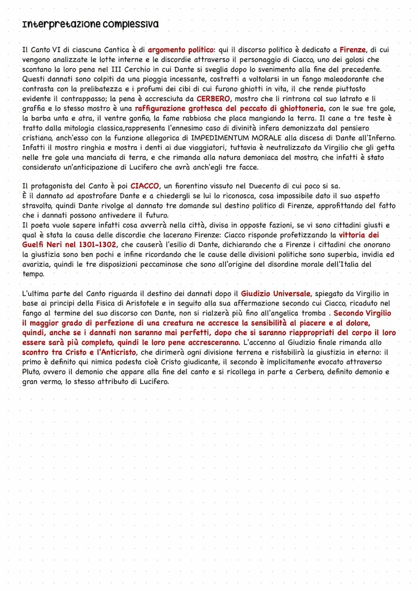 Canto VI, Inferno
1. Introduzione
Il canto VI di ciascuna cantica è di argomento politico, secondo un climax ascendente che va da
Firenze, a