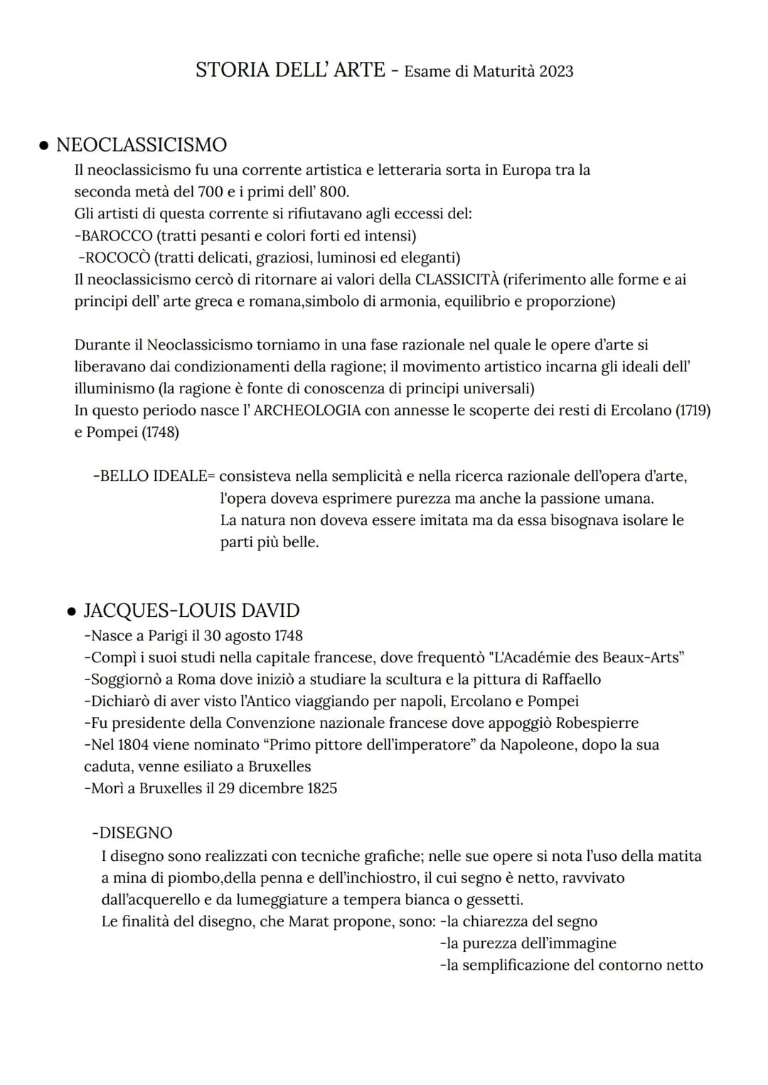 STORIA DELL' ARTE - Esame di Maturità 2023
. NEOCLASSICISMO
Il neoclassicismo fu una corrente artistica e letteraria sorta in Europa tra la
