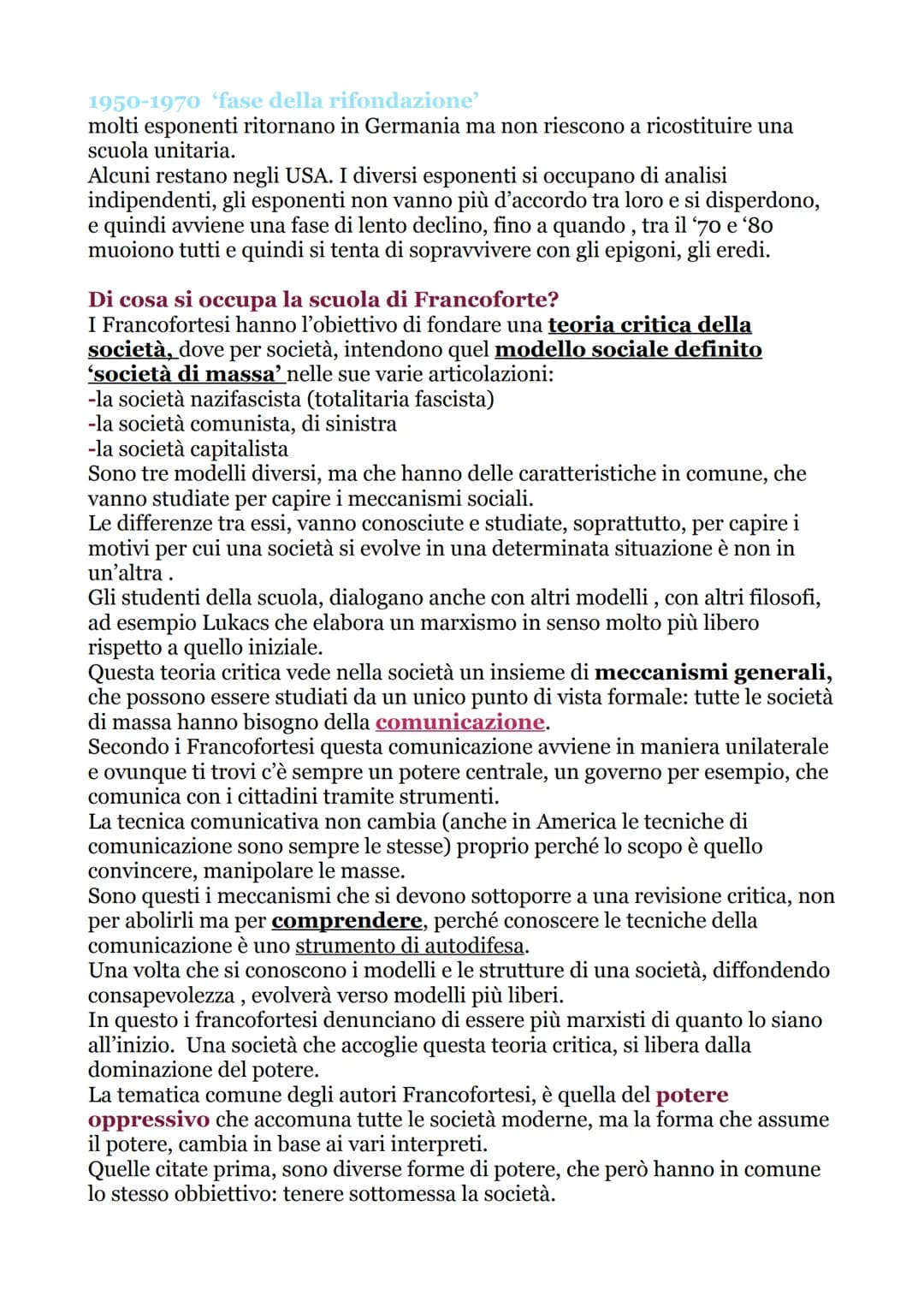 LA SCUOLA DI FRANCOFORTE
La scuola di Francoforte nasce a Francoforte nel 1922, siamo già in un epoca
molto addentro al nuovo secolo.
Nel 19