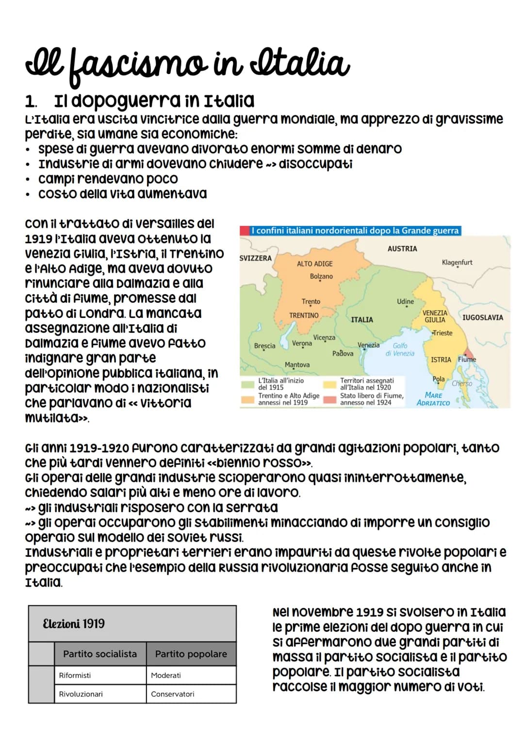 Il fascismo in Italia
1. Il dopoguerra in Italia
L'Italia era uscita vincitrice dalla guerra mondiale, ma apprezzo di gravissime
perdite, si