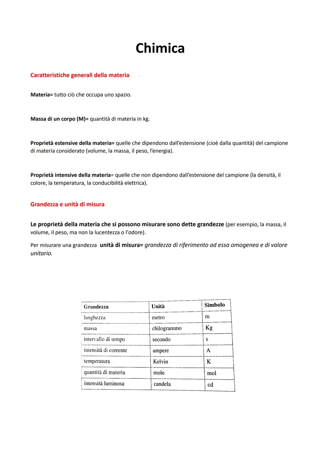 Caratteristiche generali della materia
Materia= tutto ciò che occupa uno spazio.
Massa di un corpo (M)= quantità di materia in kg.
Proprietà