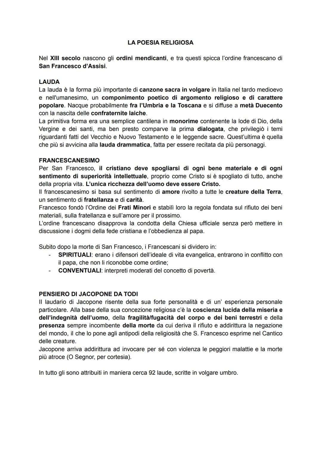 LA POESIA RELIGIOSA
Nel XIII secolo nascono gli ordini mendicanti, e tra questi spicca l'ordine francescano di
San Francesco d'Assisi.
LAUDA